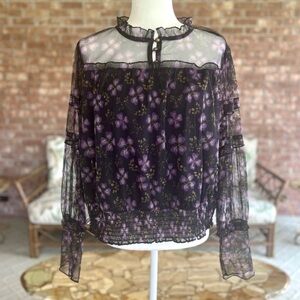 Calligraphie Top Black Purple Floral Mesh High Neck Smocked Blouse XL Boho